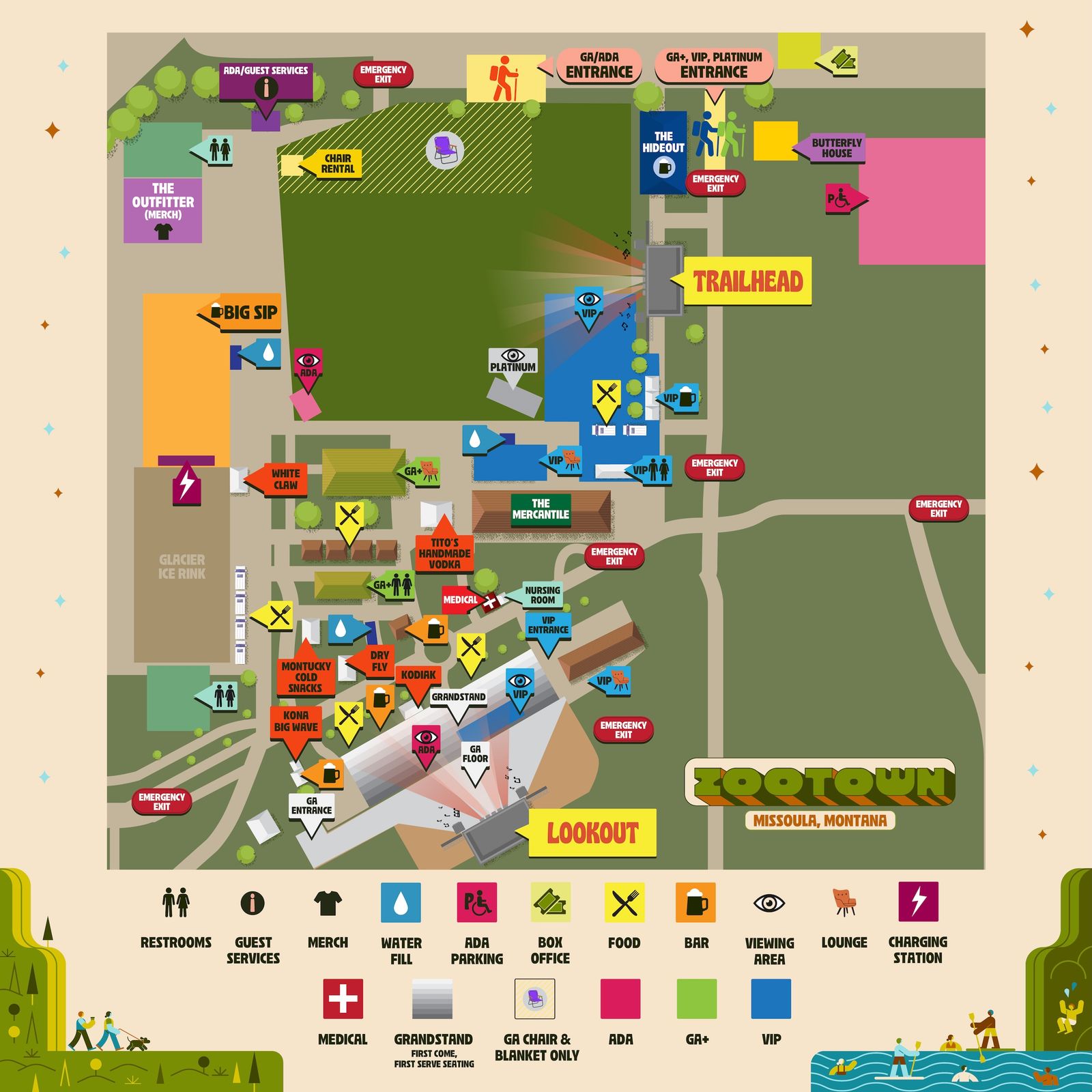 Zootown Festival site map showing stages, entrances, food, bars and amenities